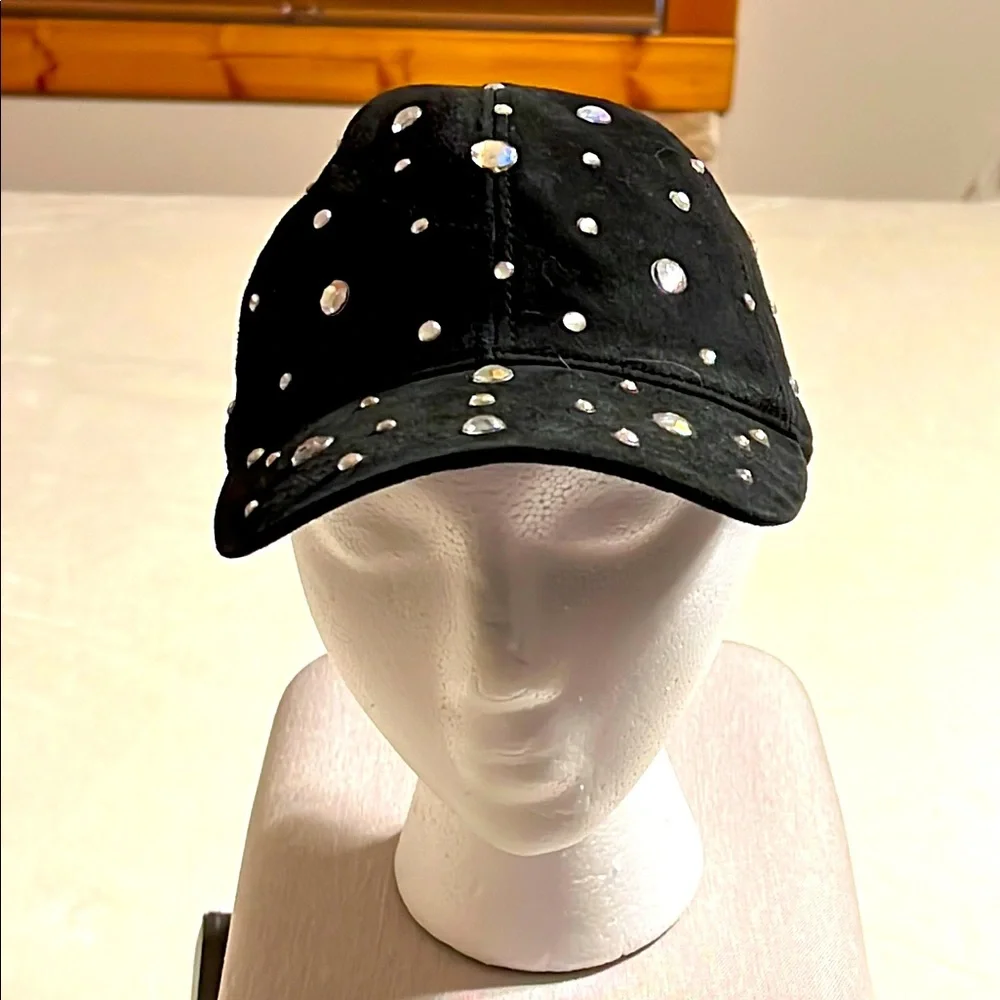 Black Suede Rhinestone Studded Baseball Cap. NWOT. One size fits all. Leather.